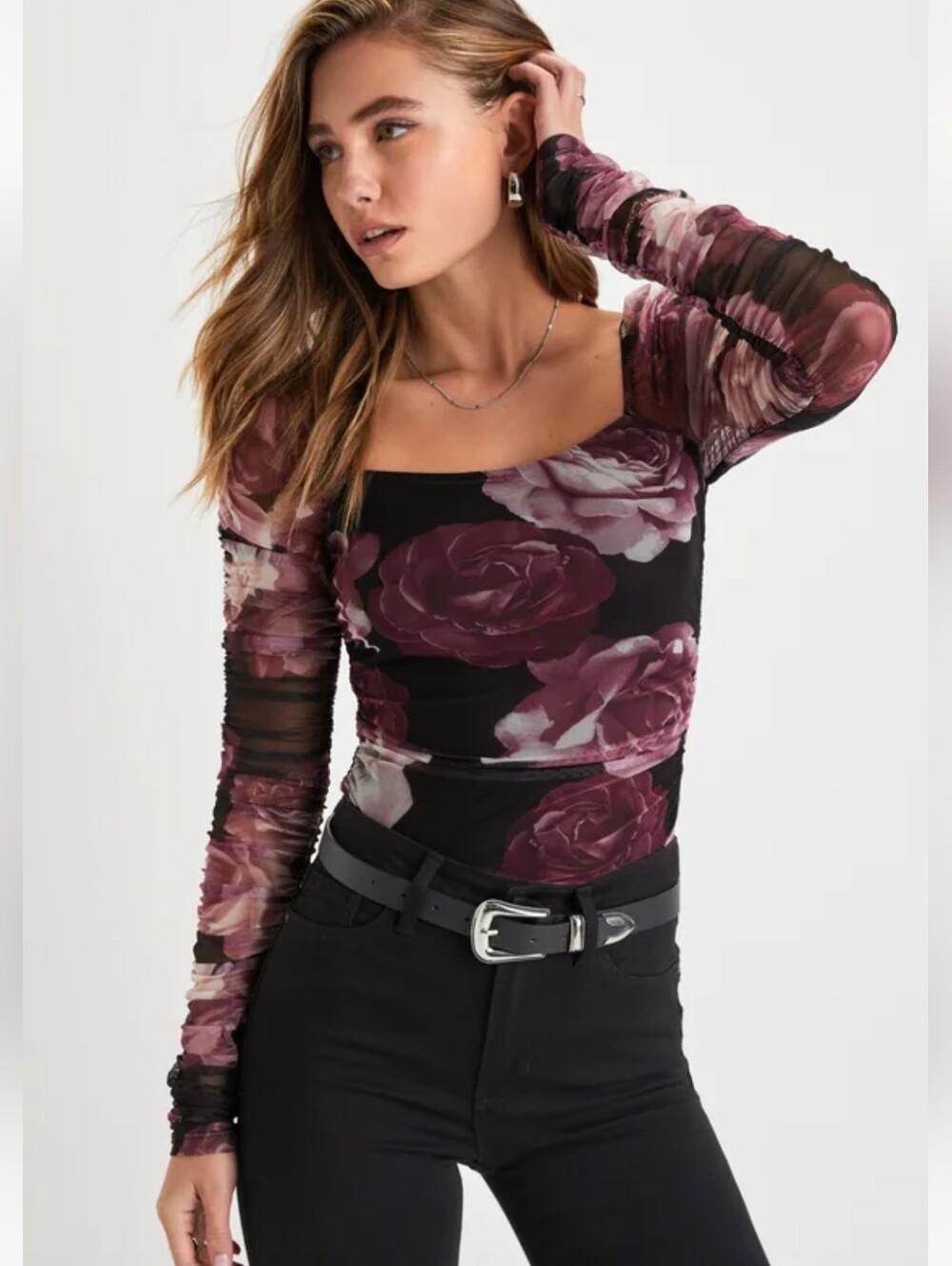 Lulu's Flowering Aesthetic Black Floral Mesh Ruched Square Neck Long-Sleeve Top
